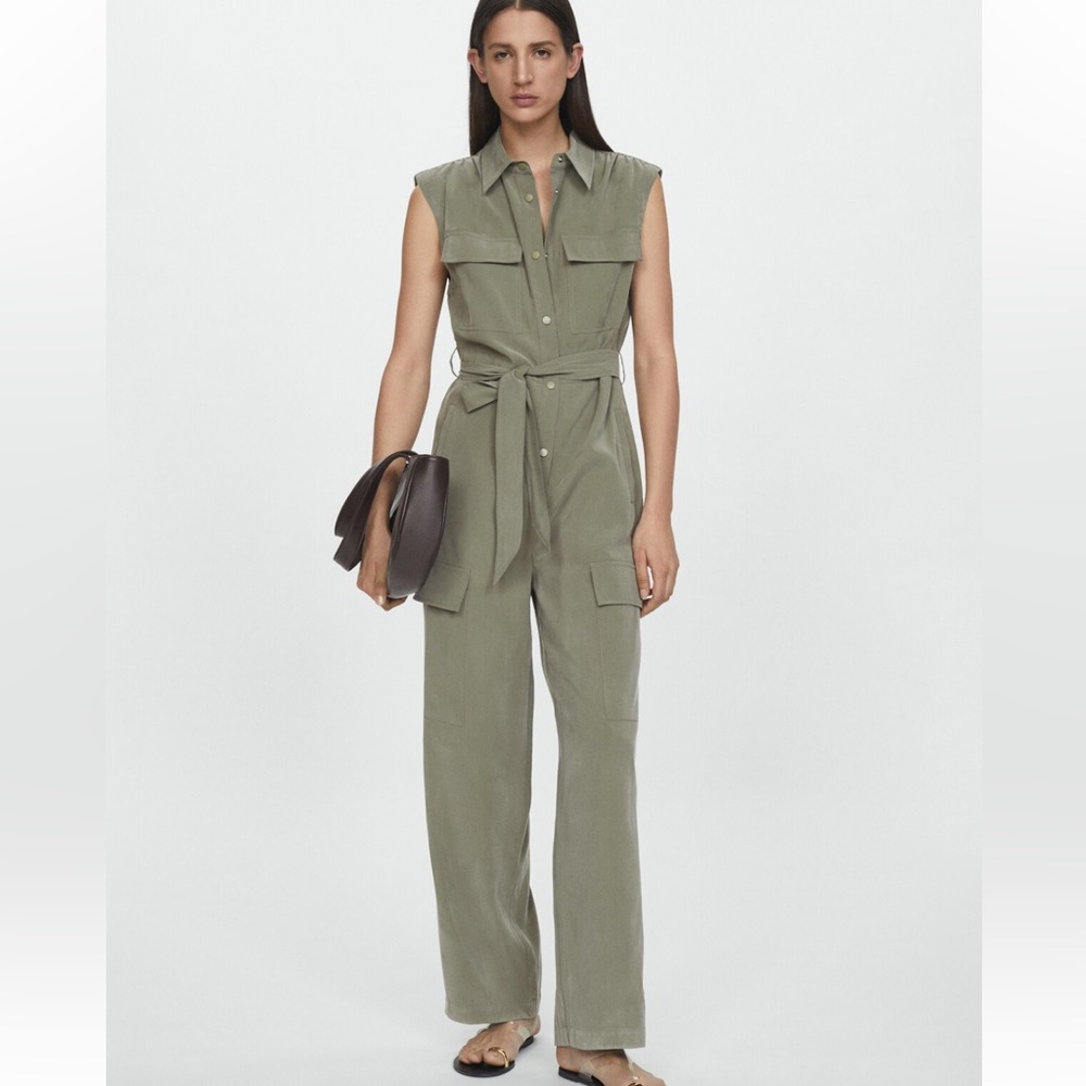 Mango Olive Utility Sleeveless Jumpsuit with Tie Waist